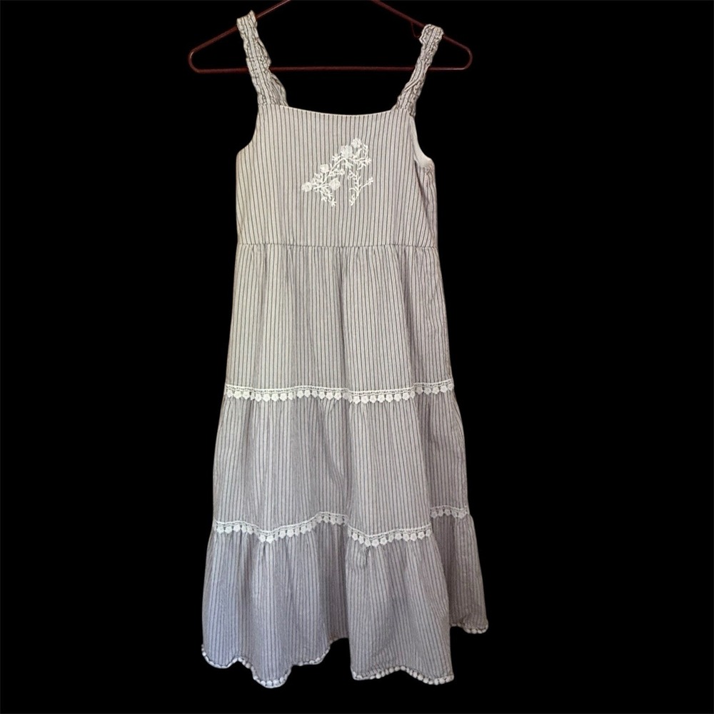 Haute Hippie Girls Boho Striped Maxi Dress 10 Floral Embroidered Tiered Cottage